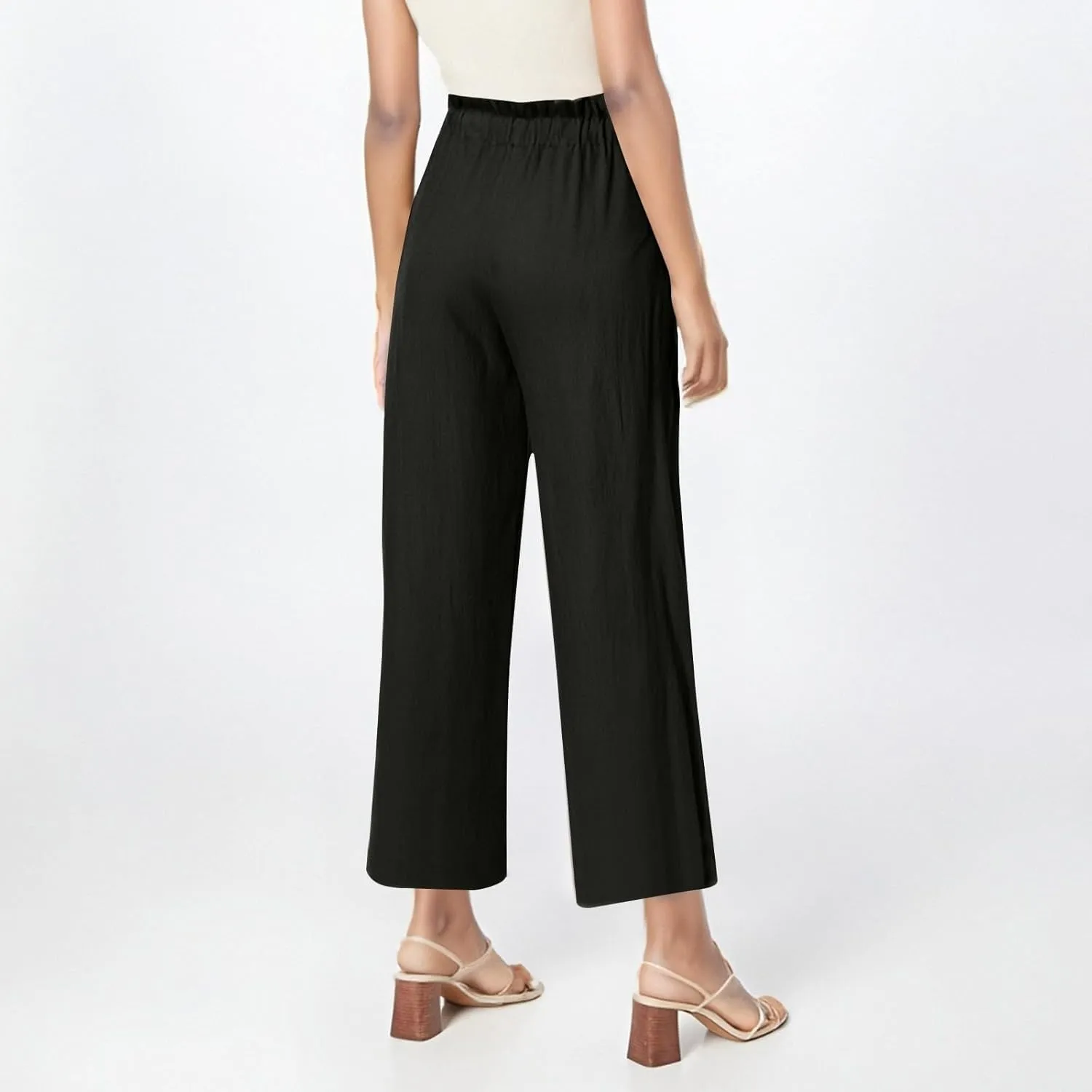 Womens Linen Pants 2025 Drawstring Elastic Waist Wide Leg Cropped Lounge Trousers Summer Beach Pant Outfits
