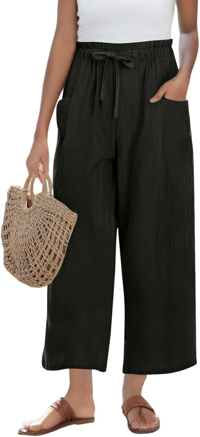 Womens Linen Pants 2025 Drawstring Elastic Waist Wide Leg Cropped Lounge Trousers Summer Beach Pant Outfits