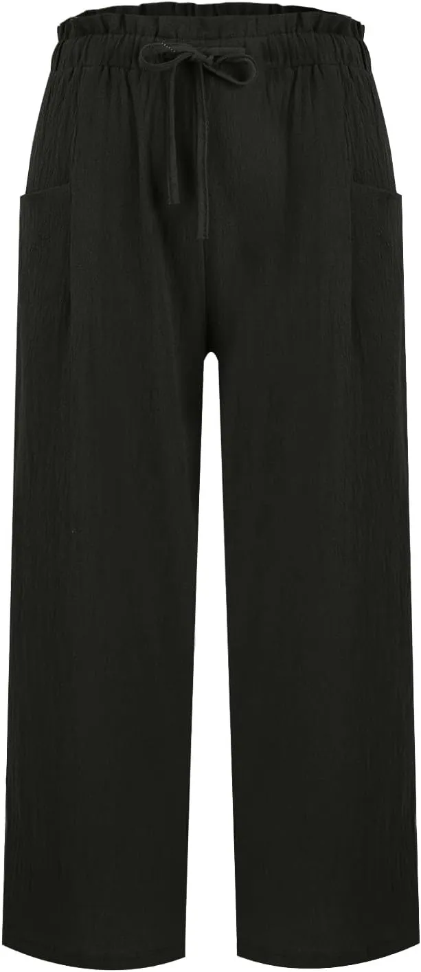 Womens Linen Pants 2025 Drawstring Elastic Waist Wide Leg Cropped Lounge Trousers Summer Beach Pant Outfits