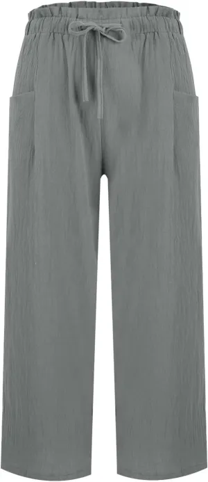 Womens Linen Pants 2025 Drawstring Elastic Waist Wide Leg Cropped Lounge Trousers Summer Beach Pant Outfits
