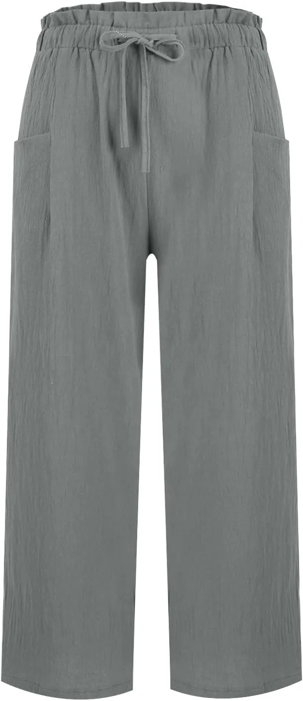 Womens Linen Pants 2025 Drawstring Elastic Waist Wide Leg Cropped Lounge Trousers Summer Beach Pant Outfits