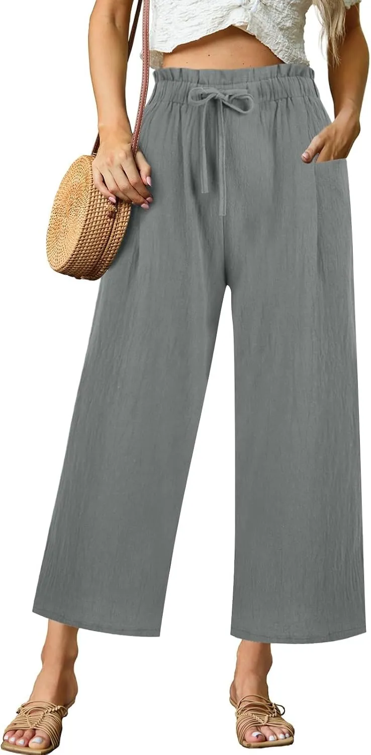 Womens Linen Pants 2025 Drawstring Elastic Waist Wide Leg Cropped Lounge Trousers Summer Beach Pant Outfits