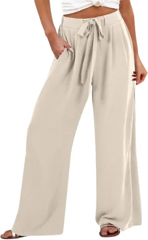 Womens Linen Pants 2025 High Waist Drawstring Wide Leg Lounge Trousers Casual Loose Summer Beach Pant with Pocket
