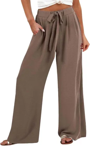 Womens Linen Pants 2025 High Waist Drawstring Wide Leg Lounge Trousers Casual Loose Summer Beach Pant with Pocket