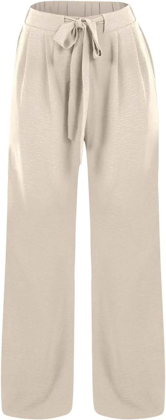 Womens Linen Pants 2025 High Waist Drawstring Wide Leg Lounge Trousers Casual Loose Summer Beach Pant with Pocket