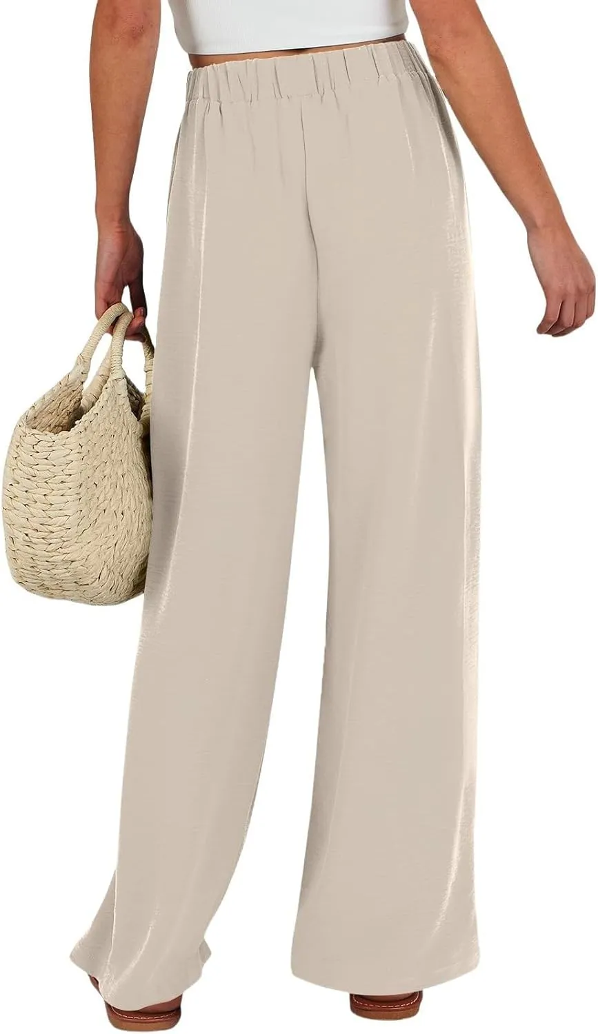 Womens Linen Pants 2025 High Waist Drawstring Wide Leg Lounge Trousers Casual Loose Summer Beach Pant with Pocket