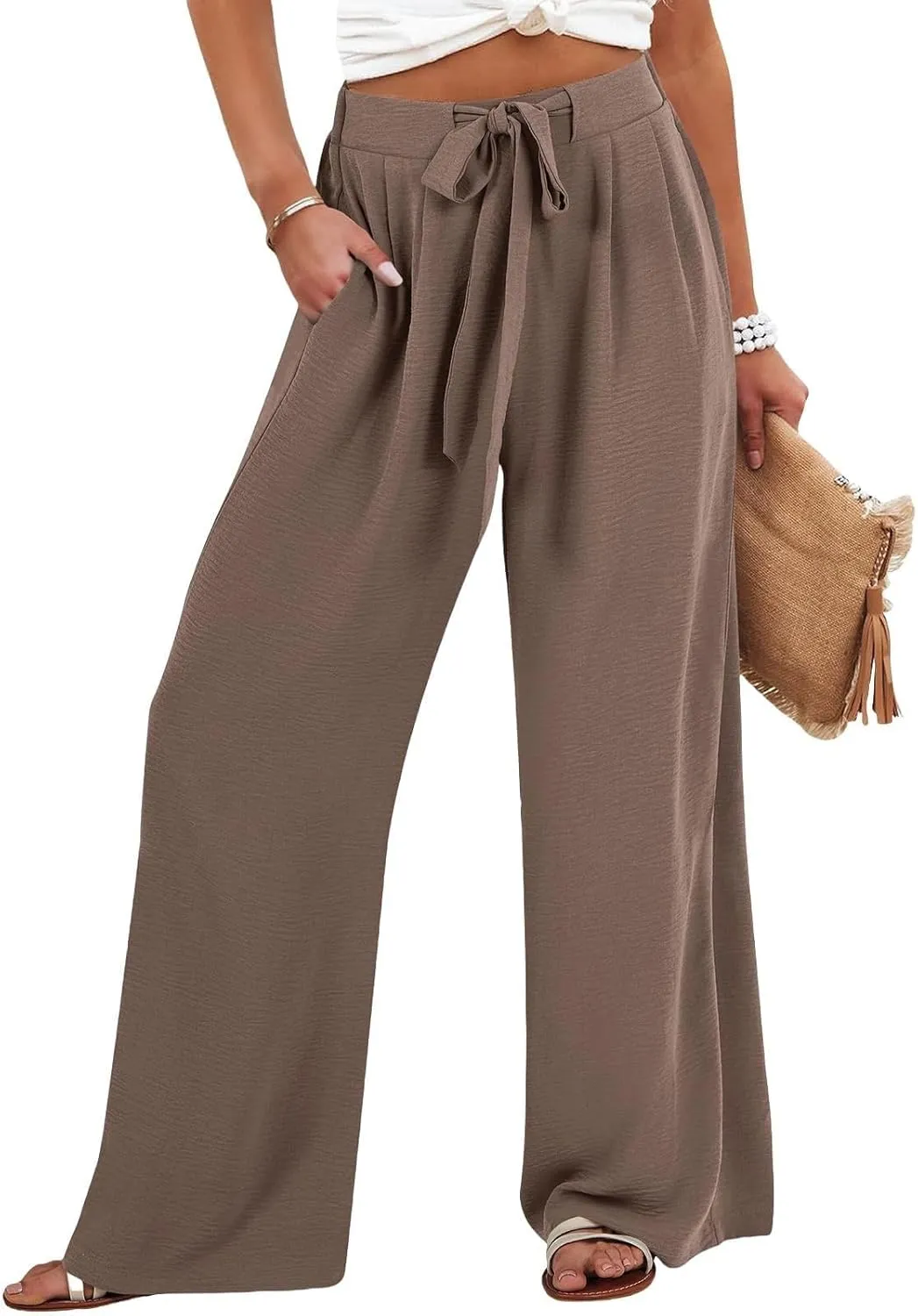 Womens Linen Pants 2025 High Waist Drawstring Wide Leg Lounge Trousers Casual Loose Summer Beach Pant with Pocket