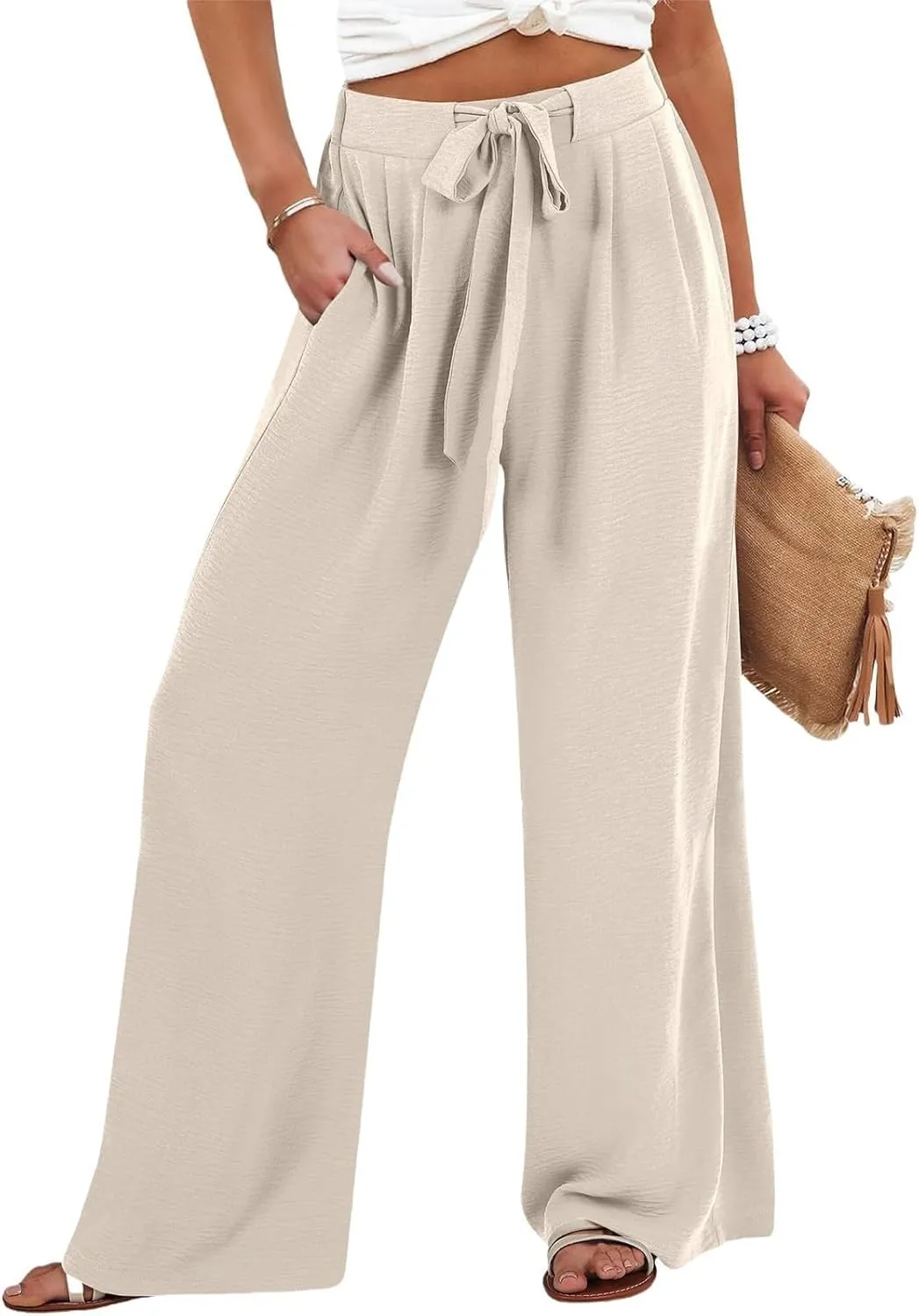 Womens Linen Pants 2025 High Waist Drawstring Wide Leg Lounge Trousers Casual Loose Summer Beach Pant with Pocket