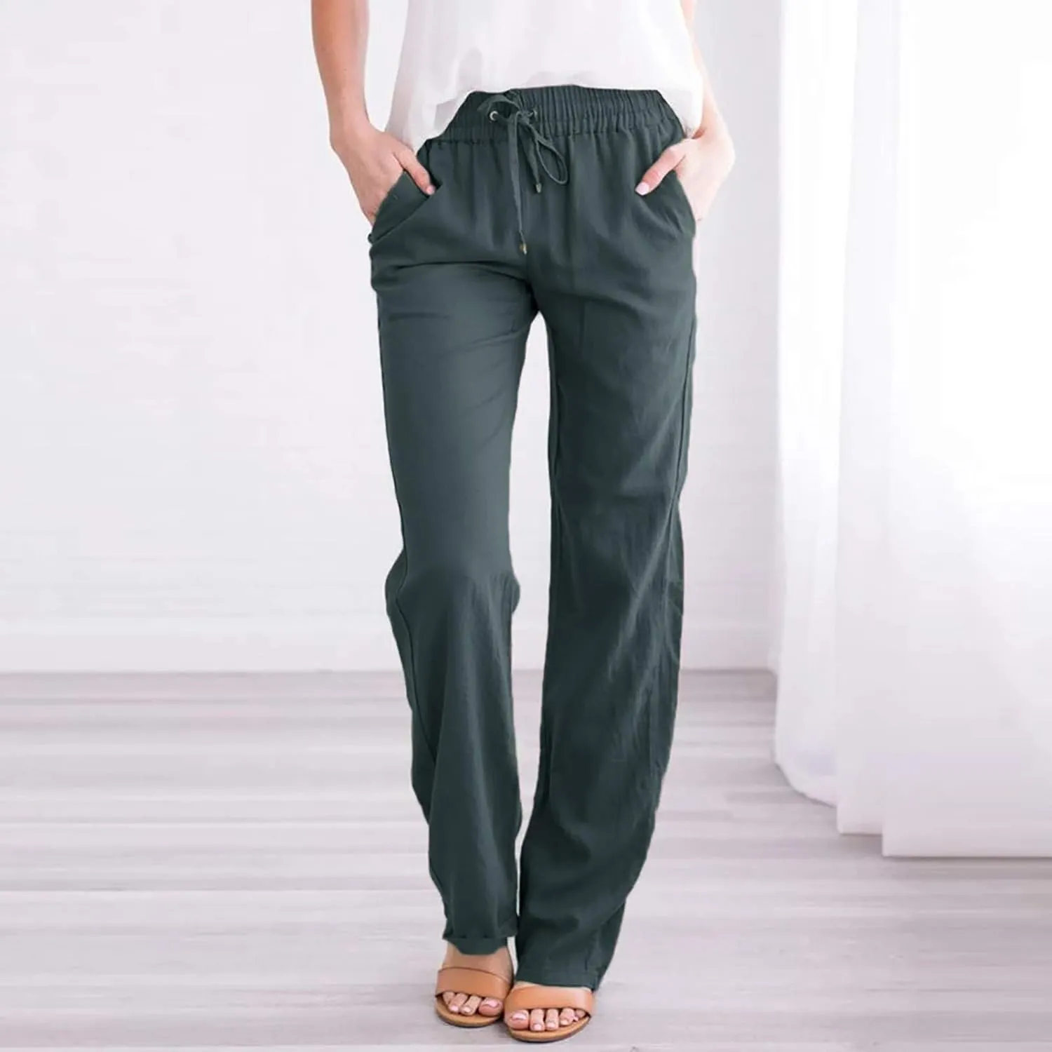 Womens Linen Pants Summer Boho Lightweight High Waist Palazzo Pants Straight Leg Lounge Trousers with Pockets
