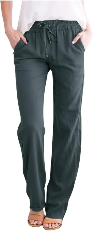 Womens Linen Pants Summer Boho Lightweight High Waist Palazzo Pants Straight Leg Lounge Trousers with Pockets