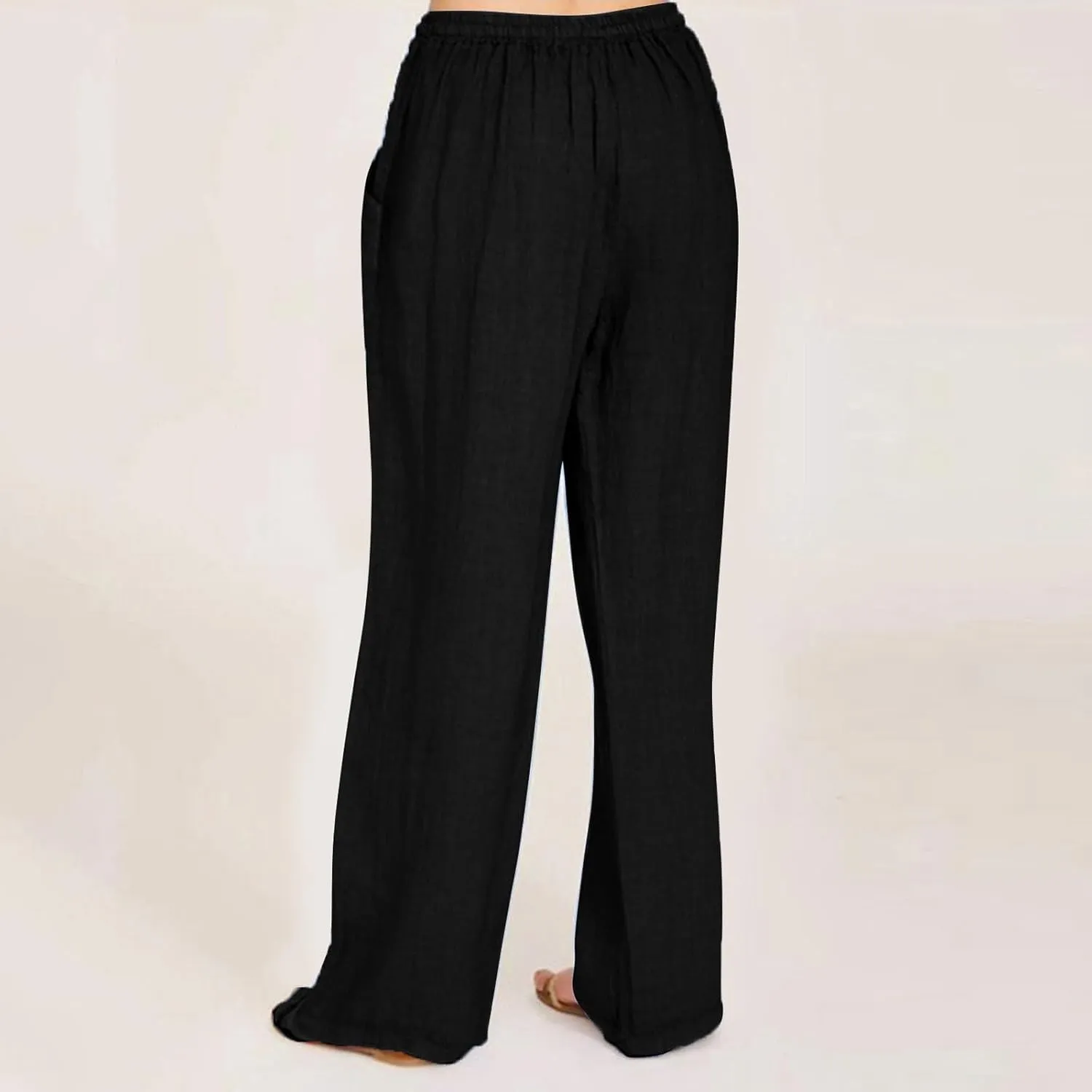 Womens Linen Trousers,Summer Boho Palazzo Pants Wide Leg High Waisted Drawstring Loose Lounge Long Pant with Pockets