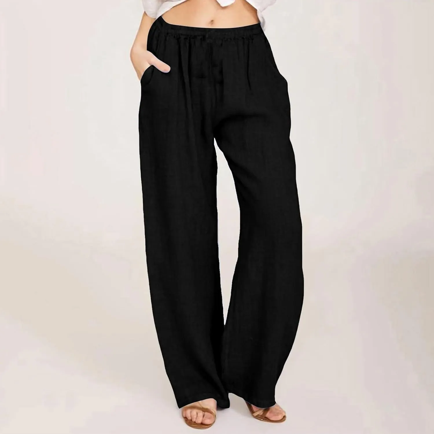 Womens Linen Trousers,Summer Boho Palazzo Pants Wide Leg High Waisted Drawstring Loose Lounge Long Pant with Pockets