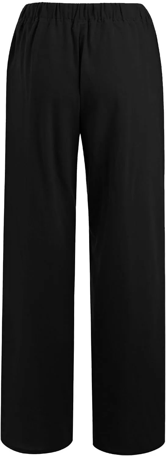 Womens Linen Trousers,Summer Boho Palazzo Pants Wide Leg High Waisted Drawstring Loose Lounge Long Pant with Pockets