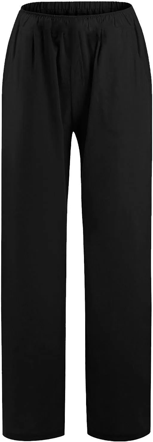 Womens Linen Trousers,Summer Boho Palazzo Pants Wide Leg High Waisted Drawstring Loose Lounge Long Pant with Pockets