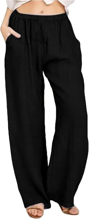 Womens Linen Trousers,Summer Boho Palazzo Pants Wide Leg High Waisted Drawstring Loose Lounge Long Pant with Pockets