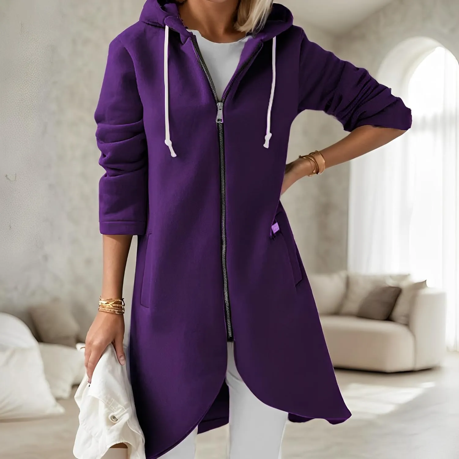 Women's Long Zip Up Oversized Hoodie Casual Loose Tunic Long Sleeve Sweatshirt Open Front Cardigan Jacket with Pockets