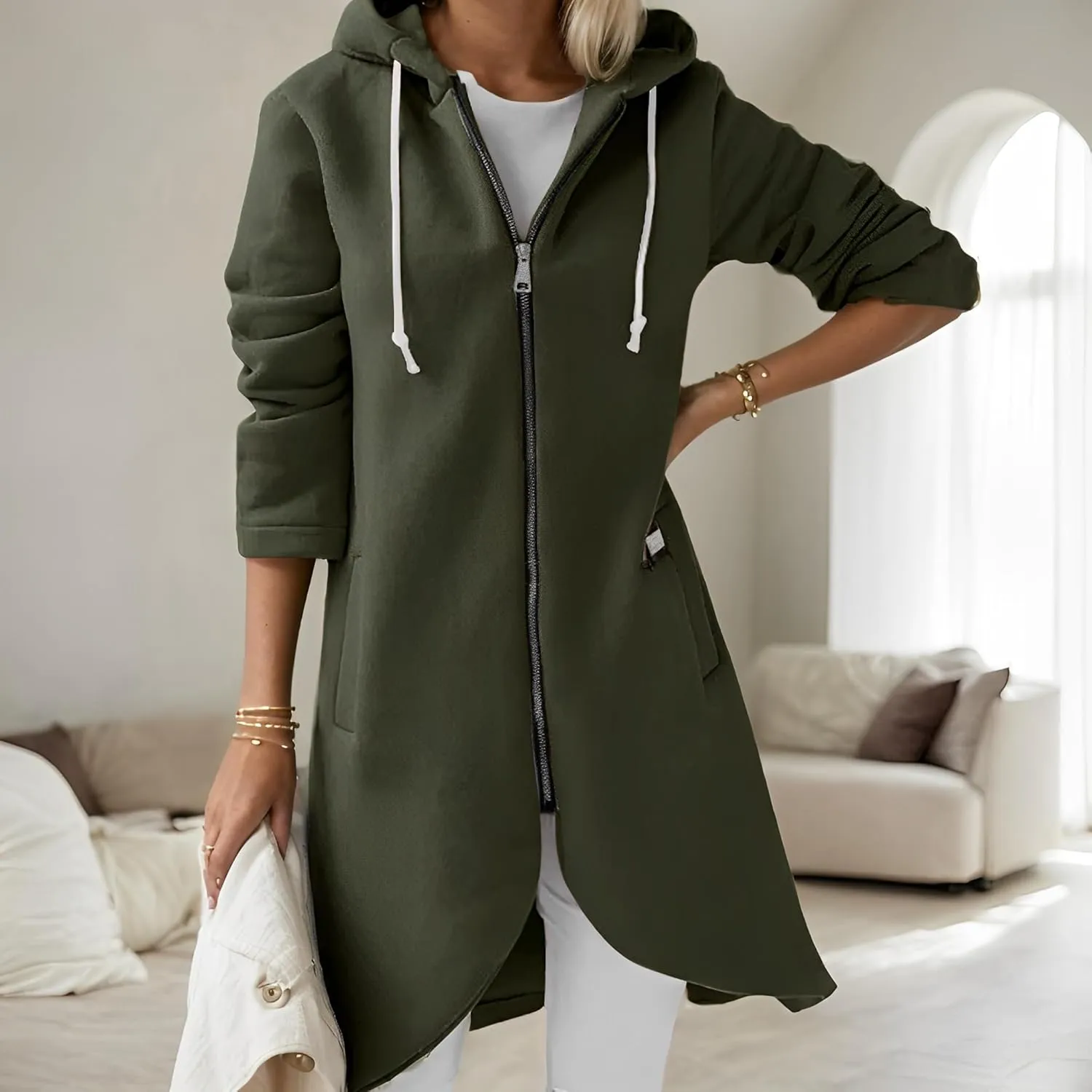 Women's Long Zip Up Oversized Hoodie Casual Loose Tunic Long Sleeve Sweatshirt Open Front Cardigan Jacket with Pockets