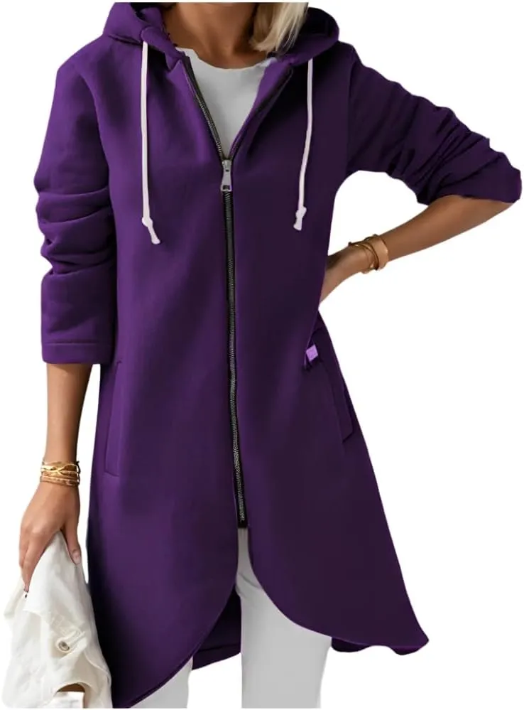 Women's Long Zip Up Oversized Hoodie Casual Loose Tunic Long Sleeve Sweatshirt Open Front Cardigan Jacket with Pockets