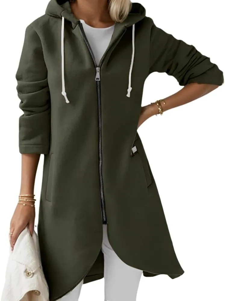 Women's Long Zip Up Oversized Hoodie Casual Loose Tunic Long Sleeve Sweatshirt Open Front Cardigan Jacket with Pockets