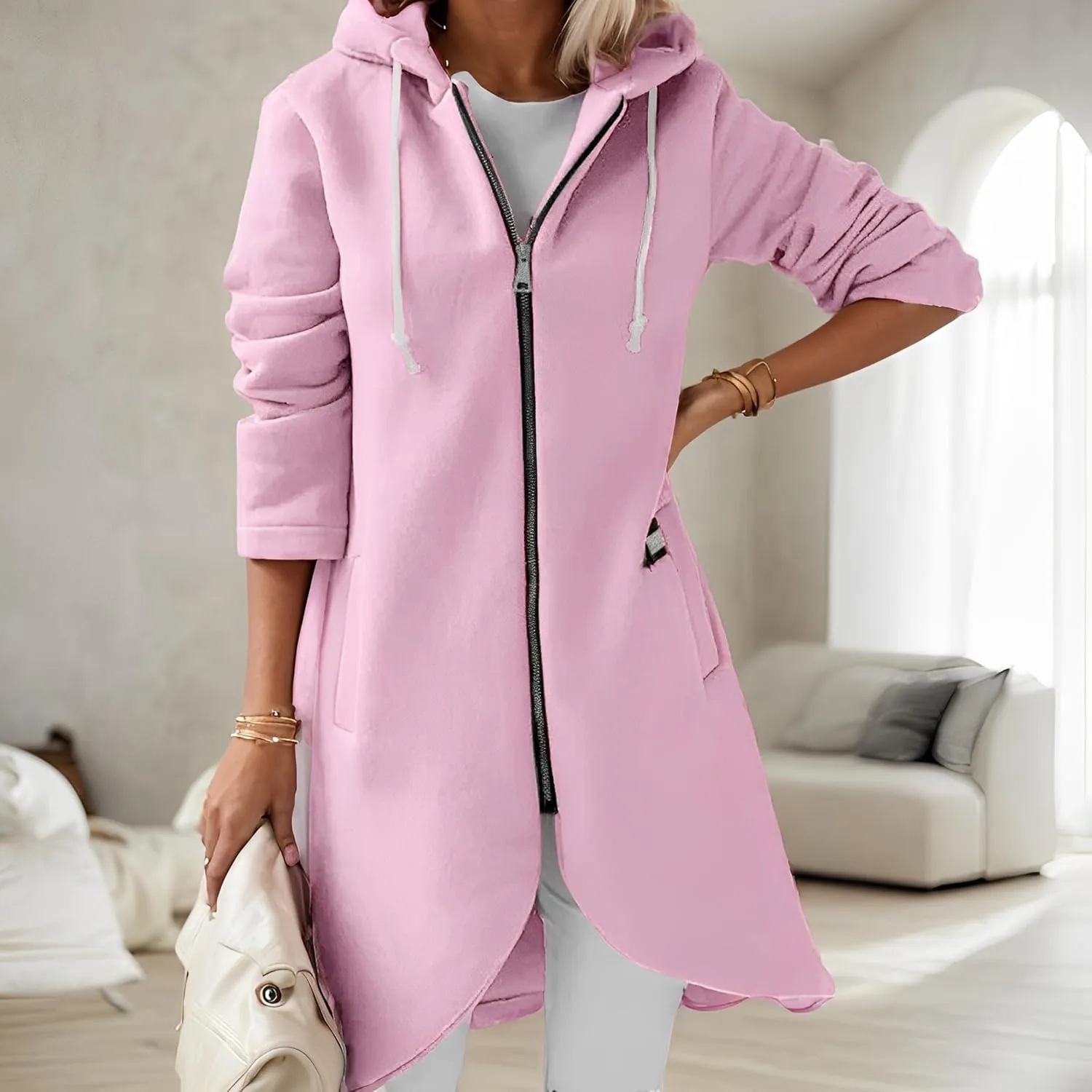 Women's Long Zip Up Oversized Hoodie Casual Loose Tunic Long Sleeve Sweatshirt Open Front Cardigan Jacket with Pockets