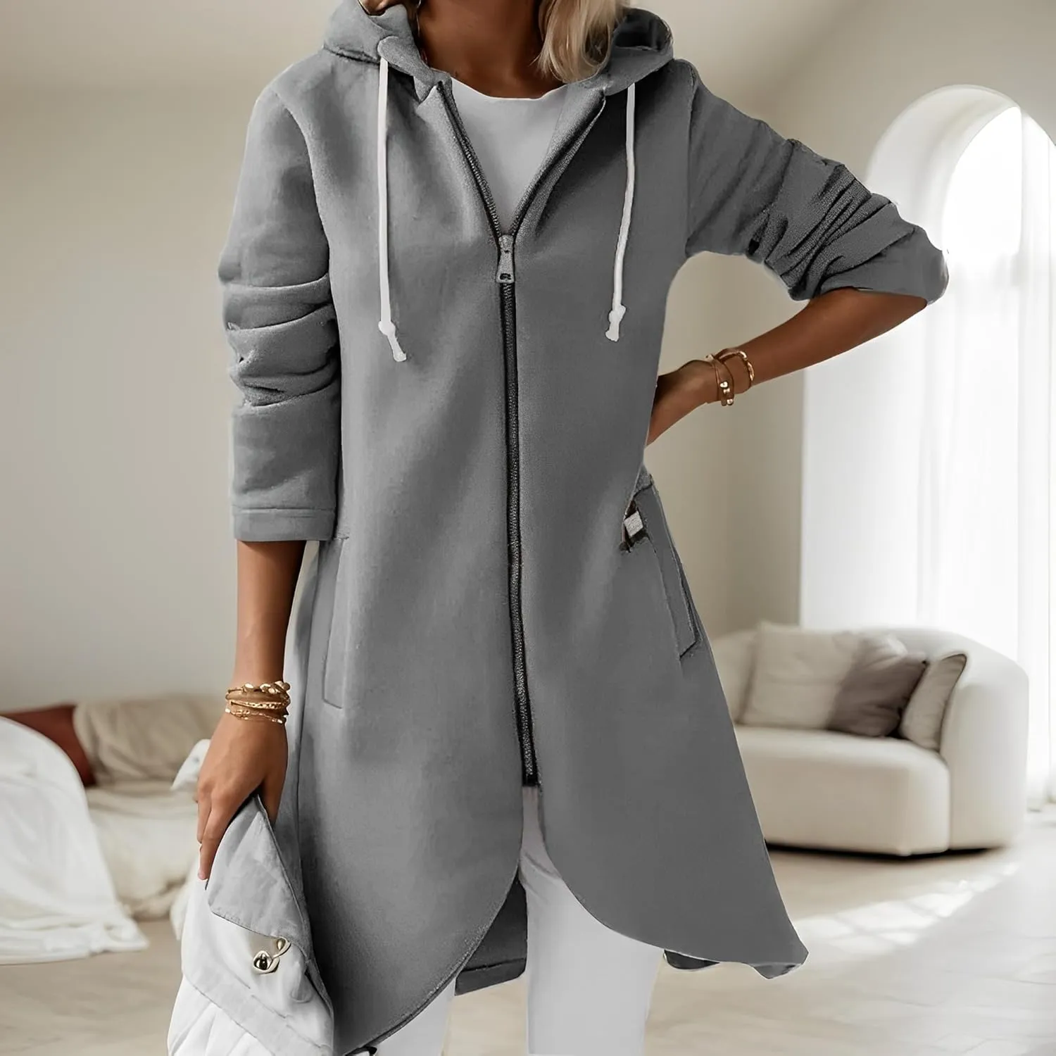 Women's Long Zip Up Oversized Hoodie Casual Loose Tunic Long Sleeve Sweatshirt Open Front Cardigan Jacket with Pockets