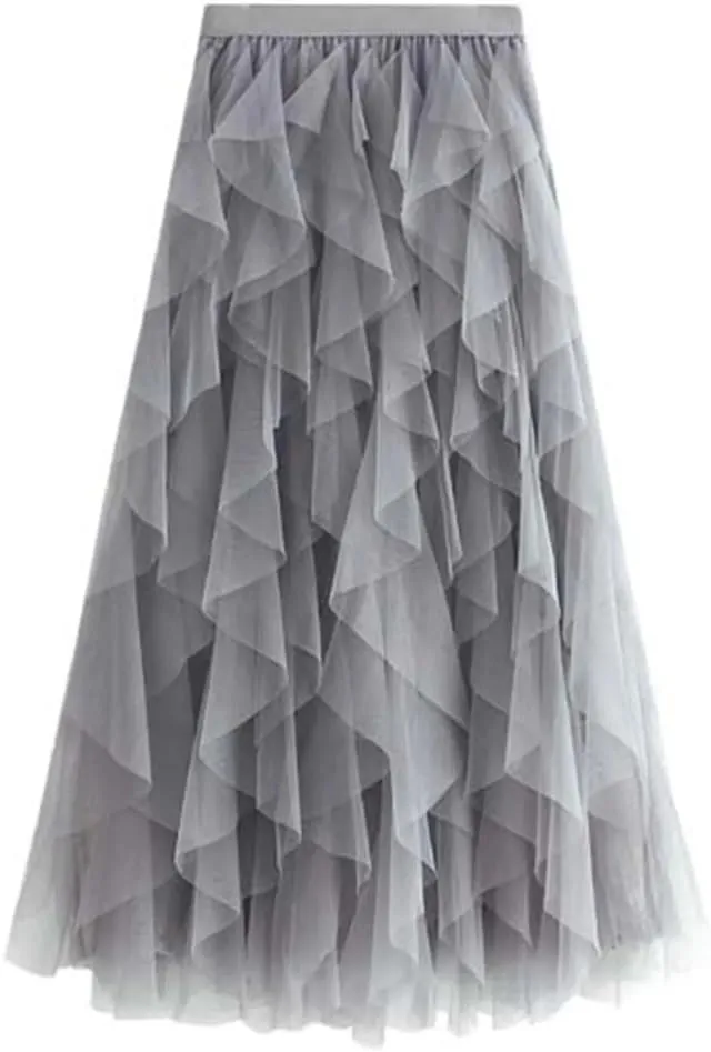 Women's Mesh Cake Skirts High Waist Party Prom Layered Tulle A Line Midi Skirt