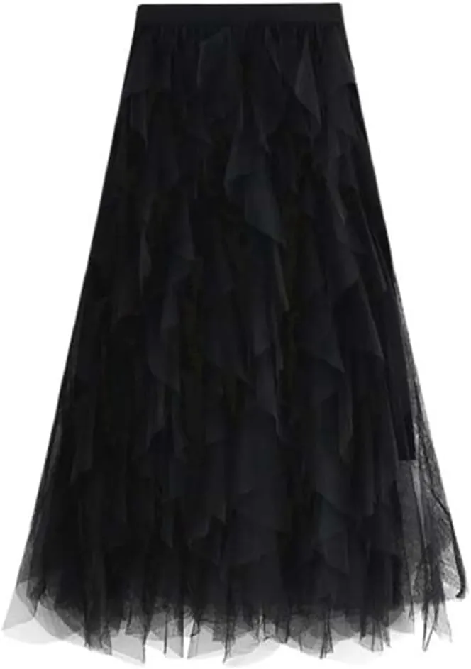 Women's Mesh Cake Skirts High Waist Party Prom Layered Tulle A Line Midi Skirt