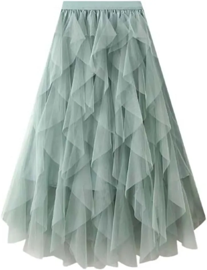 Women's Mesh Cake Skirts High Waist Party Prom Layered Tulle A Line Midi Skirt