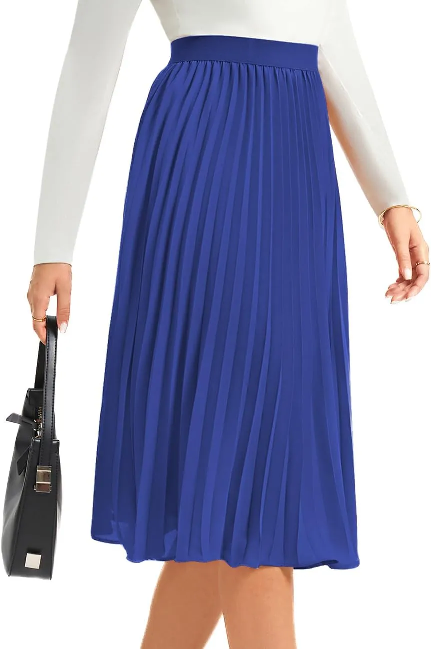 Women's Midi Skirt Elastic High Waist Pleated Skirt Knee Length Swing A-Line Casual Flowy Skirts 2025