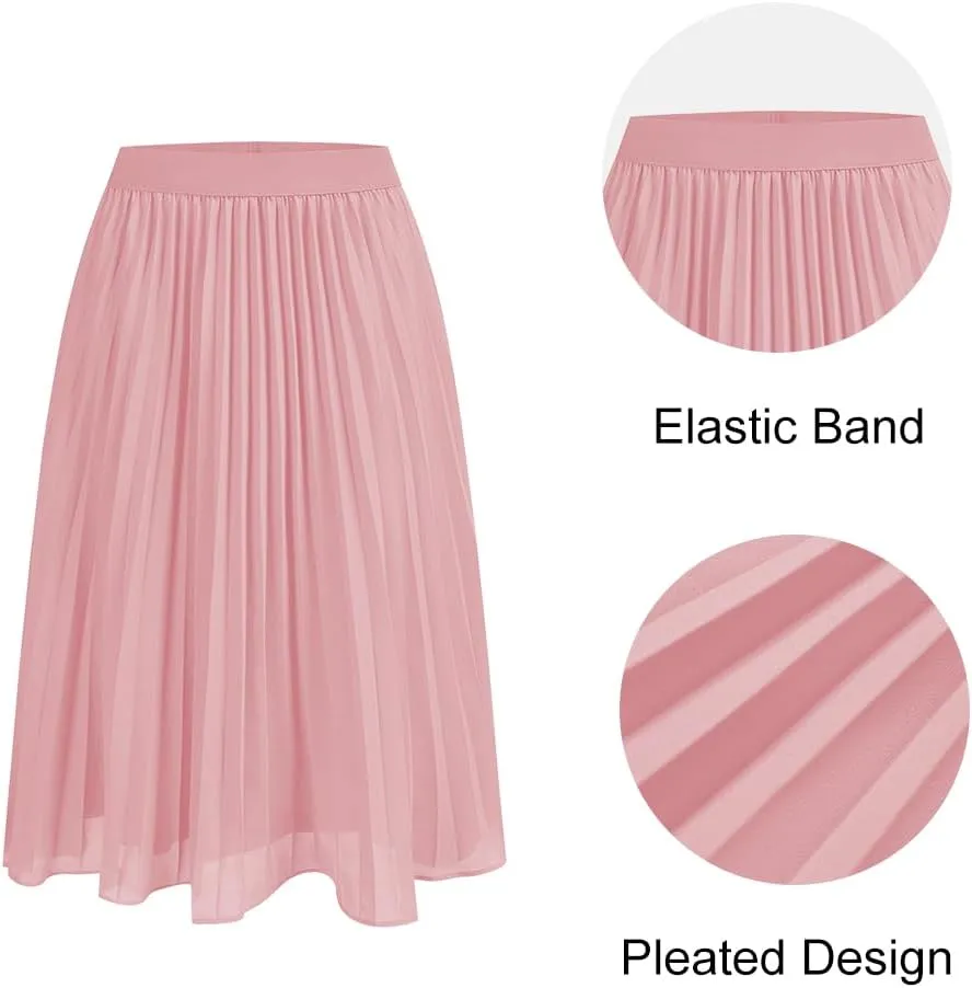 Women's Midi Skirt Elastic High Waist Pleated Skirt Knee Length Swing A-Line Casual Flowy Skirts 2025