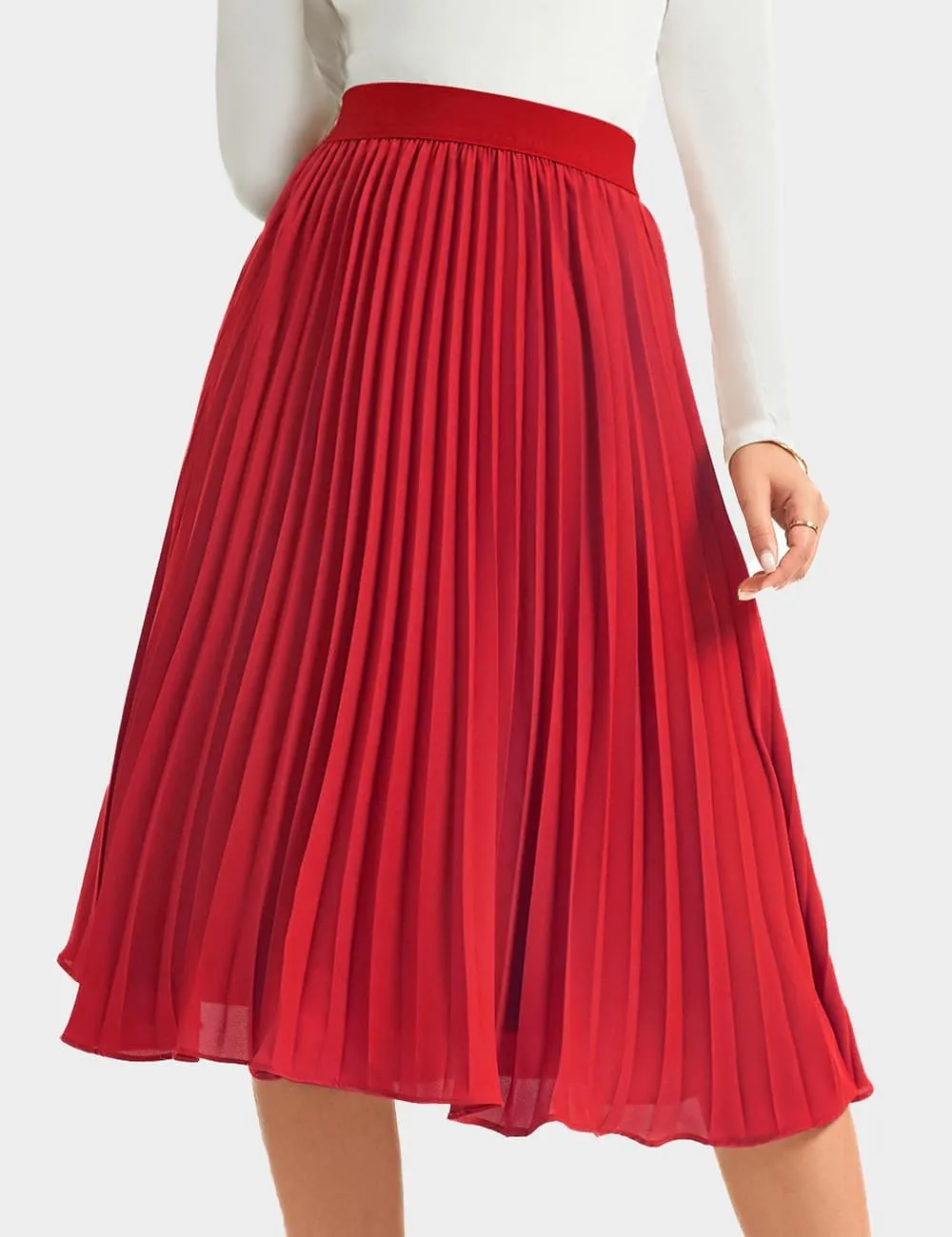 Women's Midi Skirt Elastic High Waist Pleated Skirt Knee Length Swing A-Line Casual Flowy Skirts 2025
