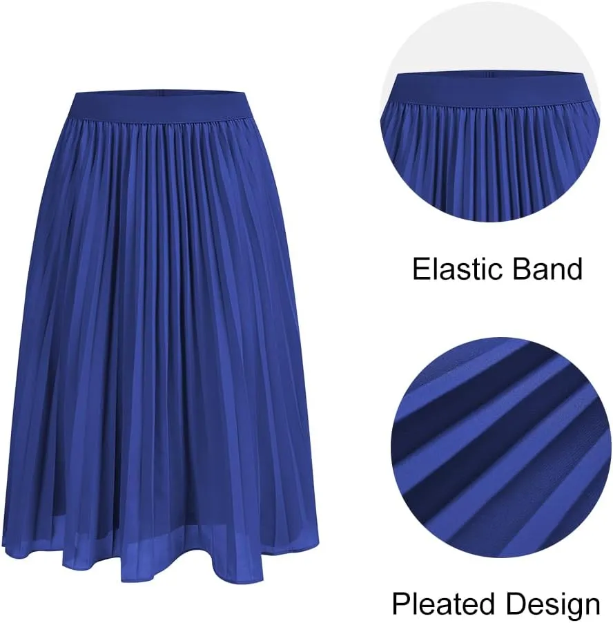 Women's Midi Skirt Elastic High Waist Pleated Skirt Knee Length Swing A-Line Casual Flowy Skirts 2025