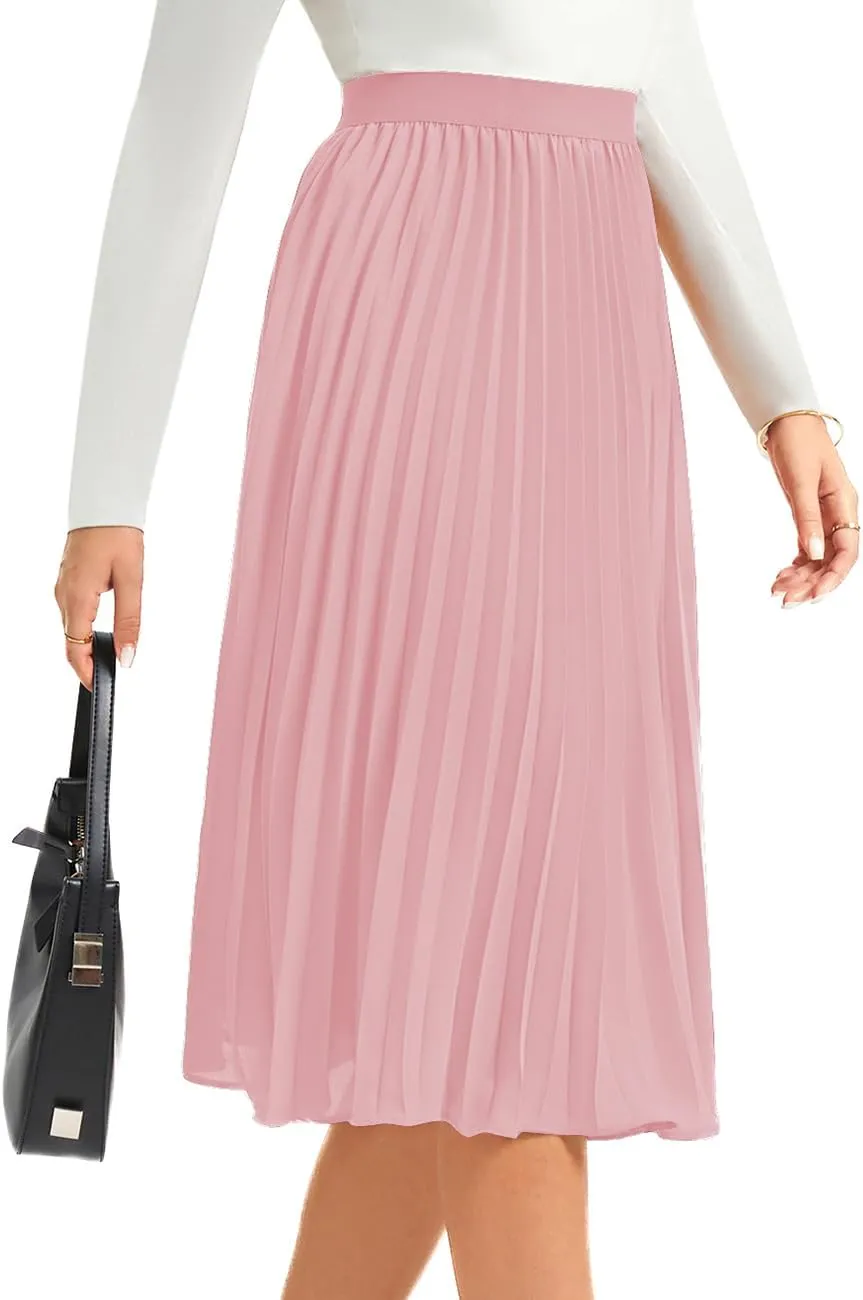 Women's Midi Skirt Elastic High Waist Pleated Skirt Knee Length Swing A-Line Casual Flowy Skirts 2025