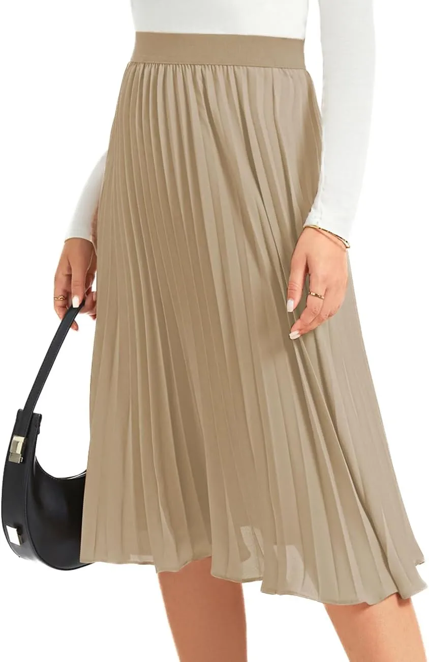 Women's Midi Skirt Elastic High Waist Pleated Skirt Knee Length Swing A-Line Casual Flowy Skirts 2025