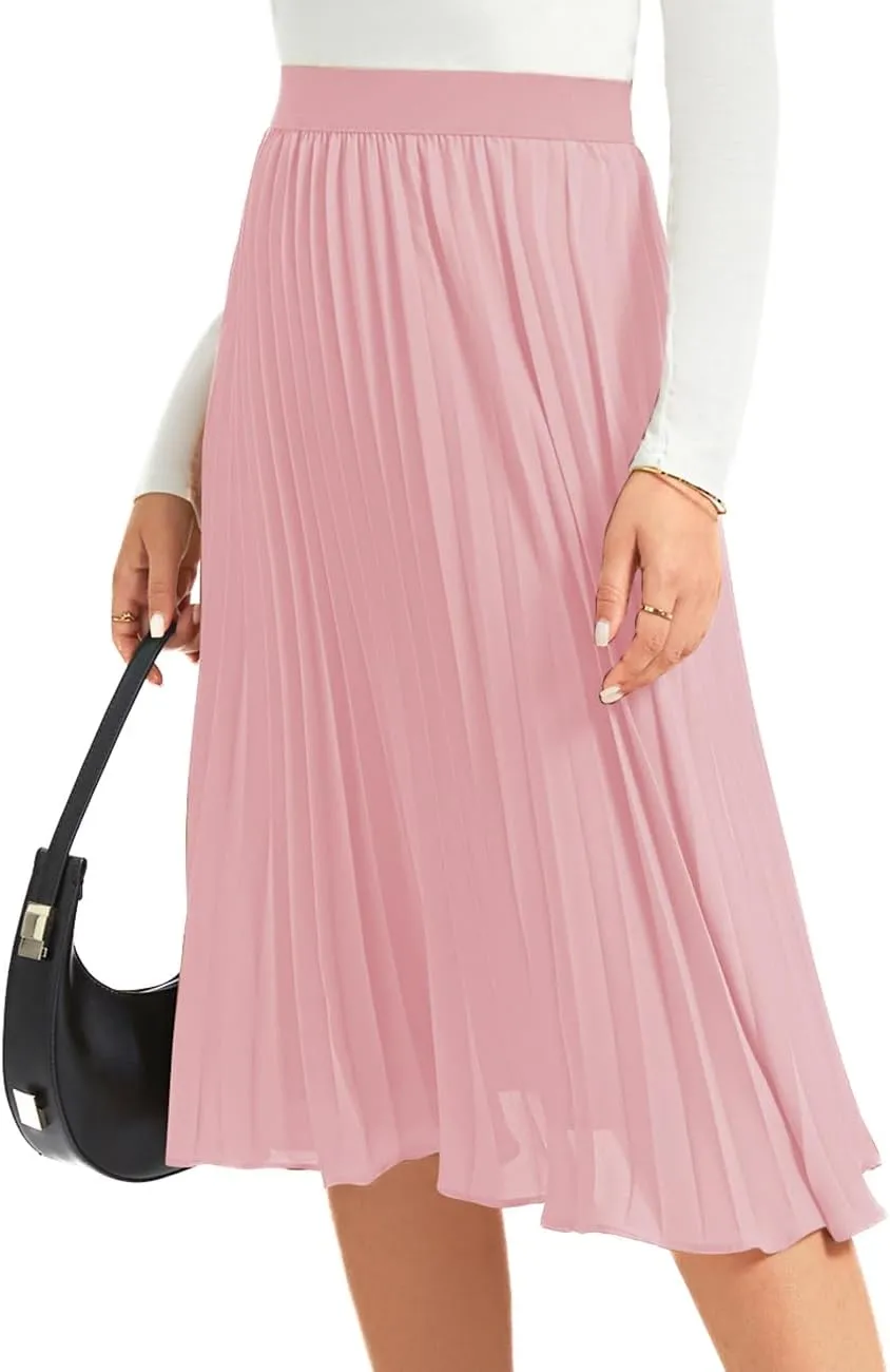 Women's Midi Skirt Elastic High Waist Pleated Skirt Knee Length Swing A-Line Casual Flowy Skirts 2025
