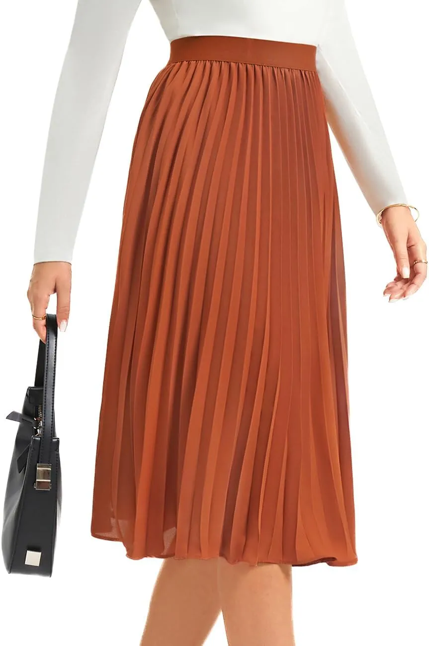 Women's Midi Skirt Elastic High Waist Pleated Skirt Knee Length Swing A-Line Casual Flowy Skirts 2025
