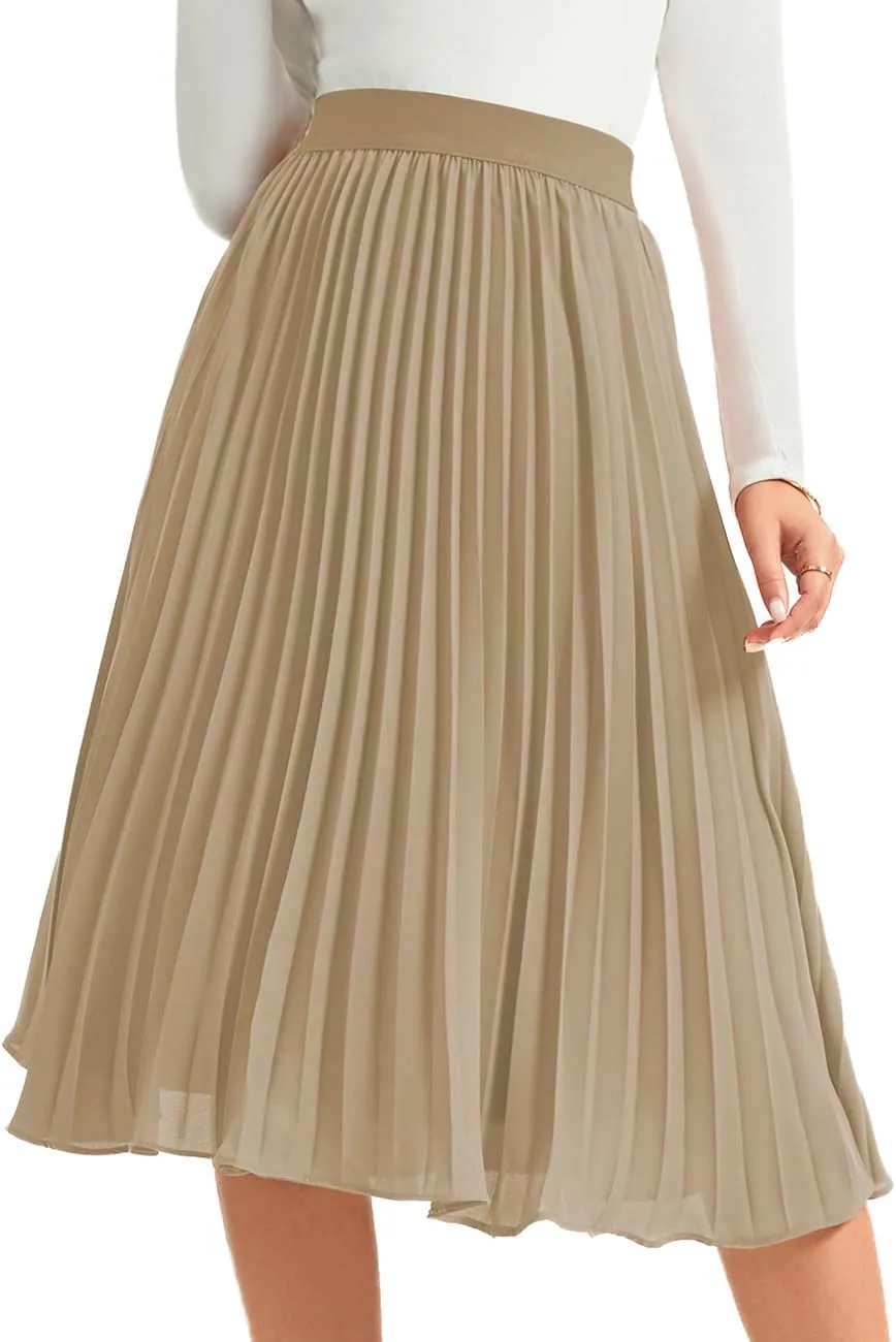 Women's Midi Skirt Elastic High Waist Pleated Skirt Knee Length Swing A-Line Casual Flowy Skirts 2025