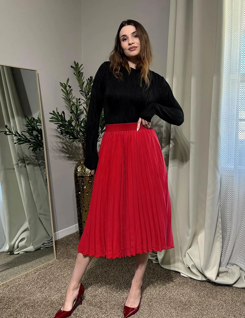 Women's Midi Skirt Elastic High Waist Pleated Skirt Knee Length Swing A-Line Casual Flowy Skirts 2025