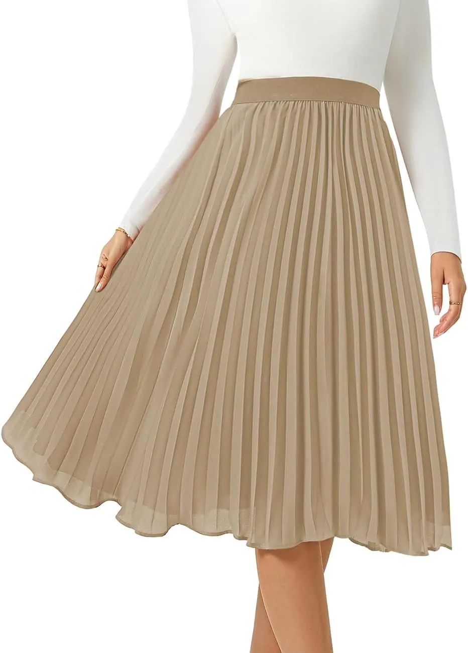 Women's Midi Skirt Elastic High Waist Pleated Skirt Knee Length Swing A-Line Casual Flowy Skirts 2025