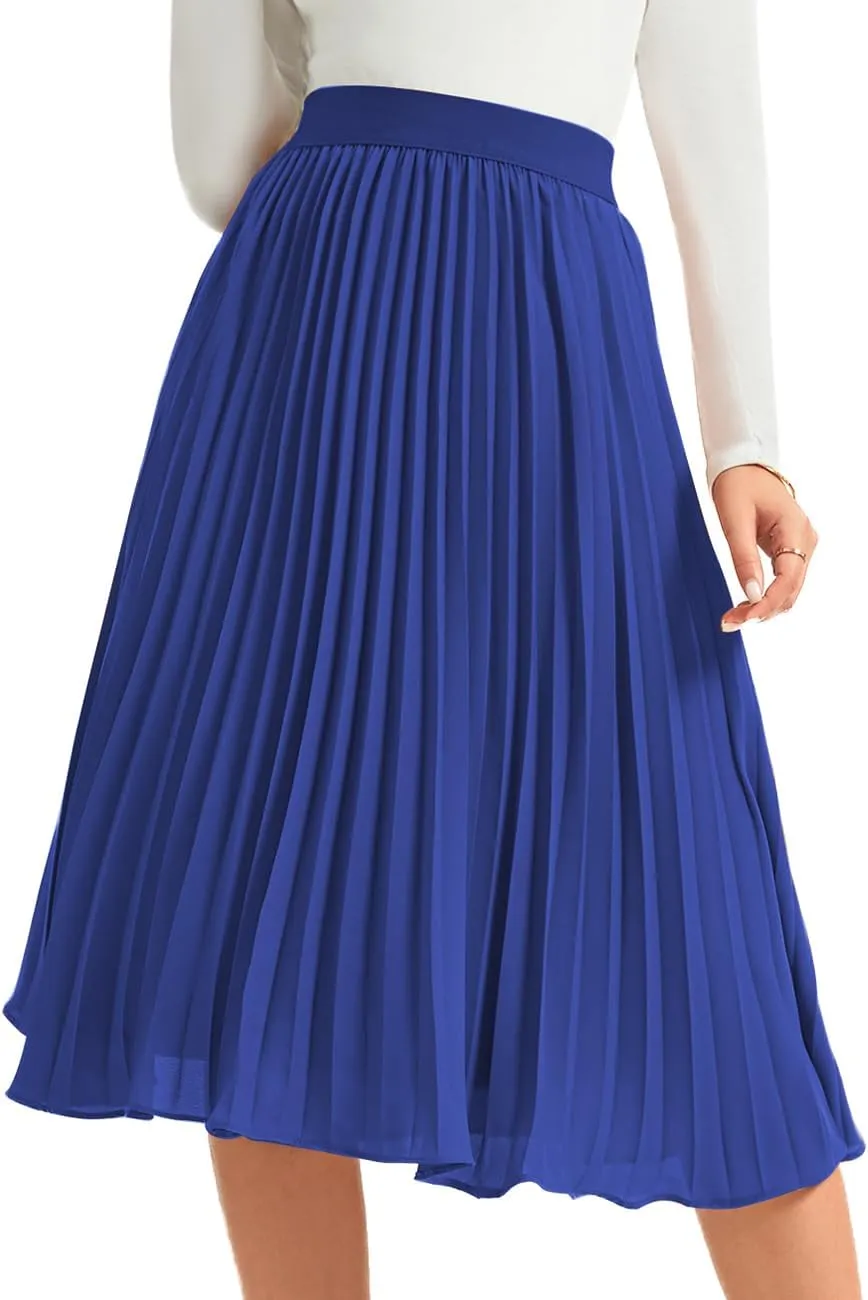 Women's Midi Skirt Elastic High Waist Pleated Skirt Knee Length Swing A-Line Casual Flowy Skirts 2025
