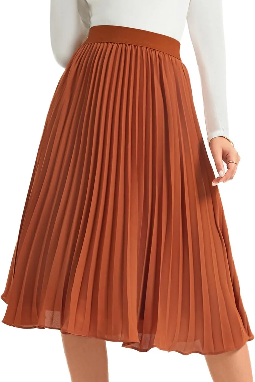 Women's Midi Skirt Elastic High Waist Pleated Skirt Knee Length Swing A-Line Casual Flowy Skirts 2025