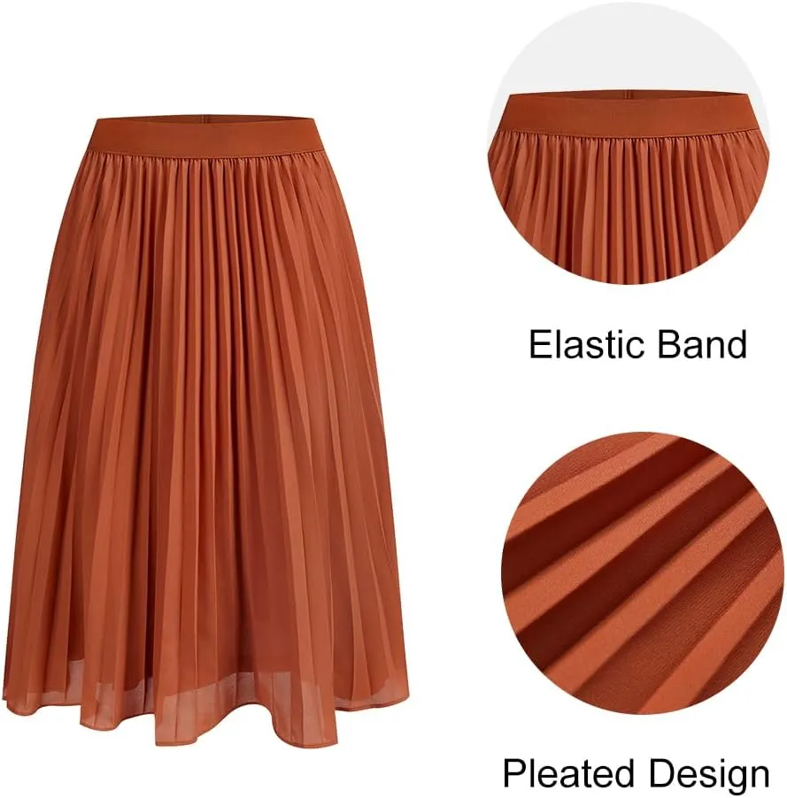 Women's Midi Skirt Elastic High Waist Pleated Skirt Knee Length Swing A-Line Casual Flowy Skirts 2025