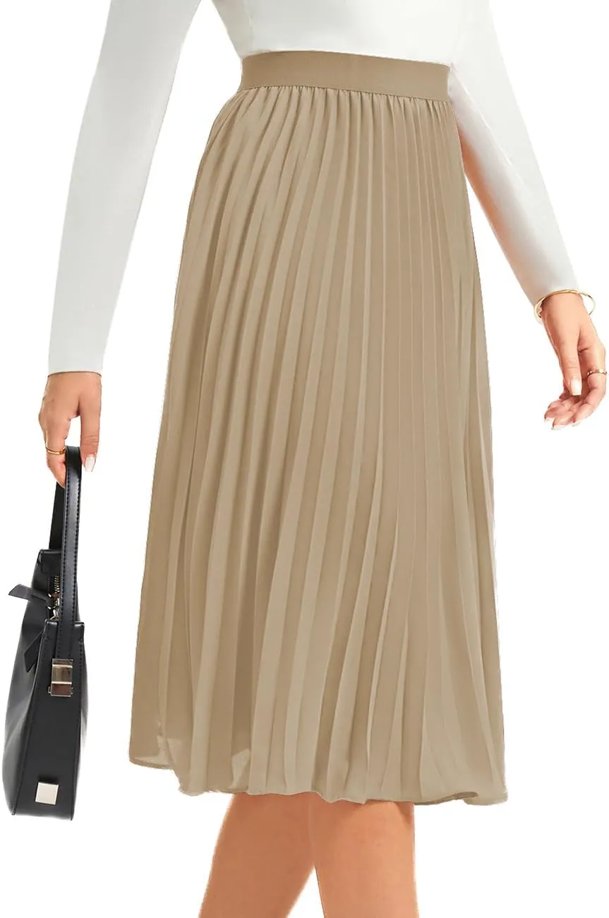 Women's Midi Skirt Elastic High Waist Pleated Skirt Knee Length Swing A-Line Casual Flowy Skirts 2025