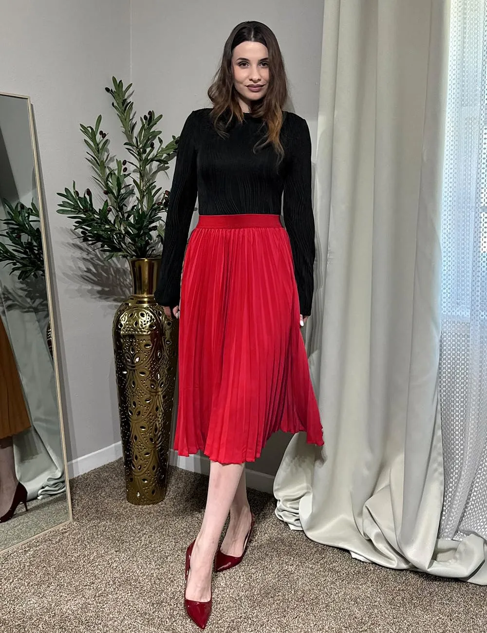 Women's Midi Skirt Elastic High Waist Pleated Skirt Knee Length Swing A-Line Casual Flowy Skirts 2025