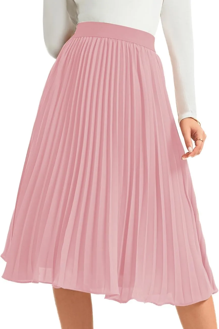 Women's Midi Skirt Elastic High Waist Pleated Skirt Knee Length Swing A-Line Casual Flowy Skirts 2025