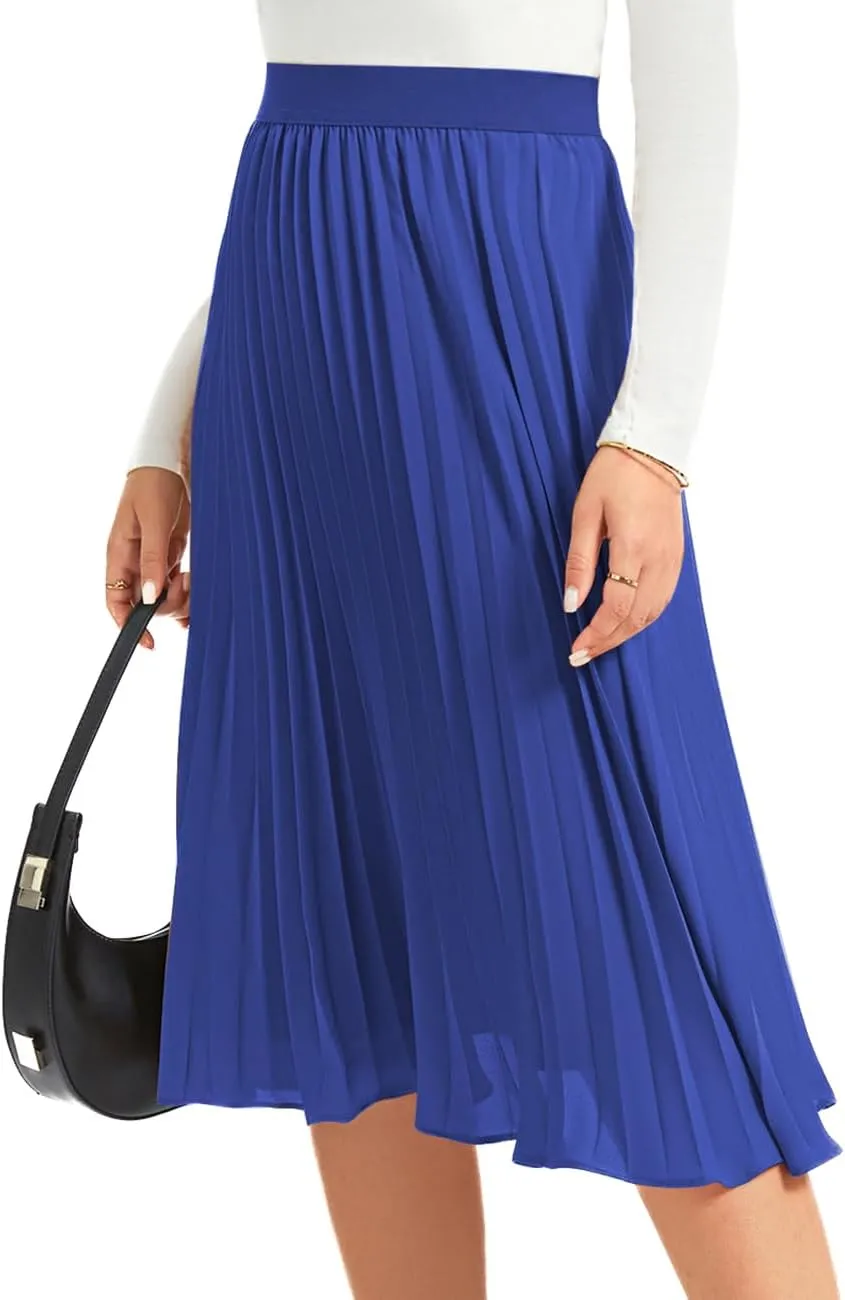 Women's Midi Skirt Elastic High Waist Pleated Skirt Knee Length Swing A-Line Casual Flowy Skirts 2025
