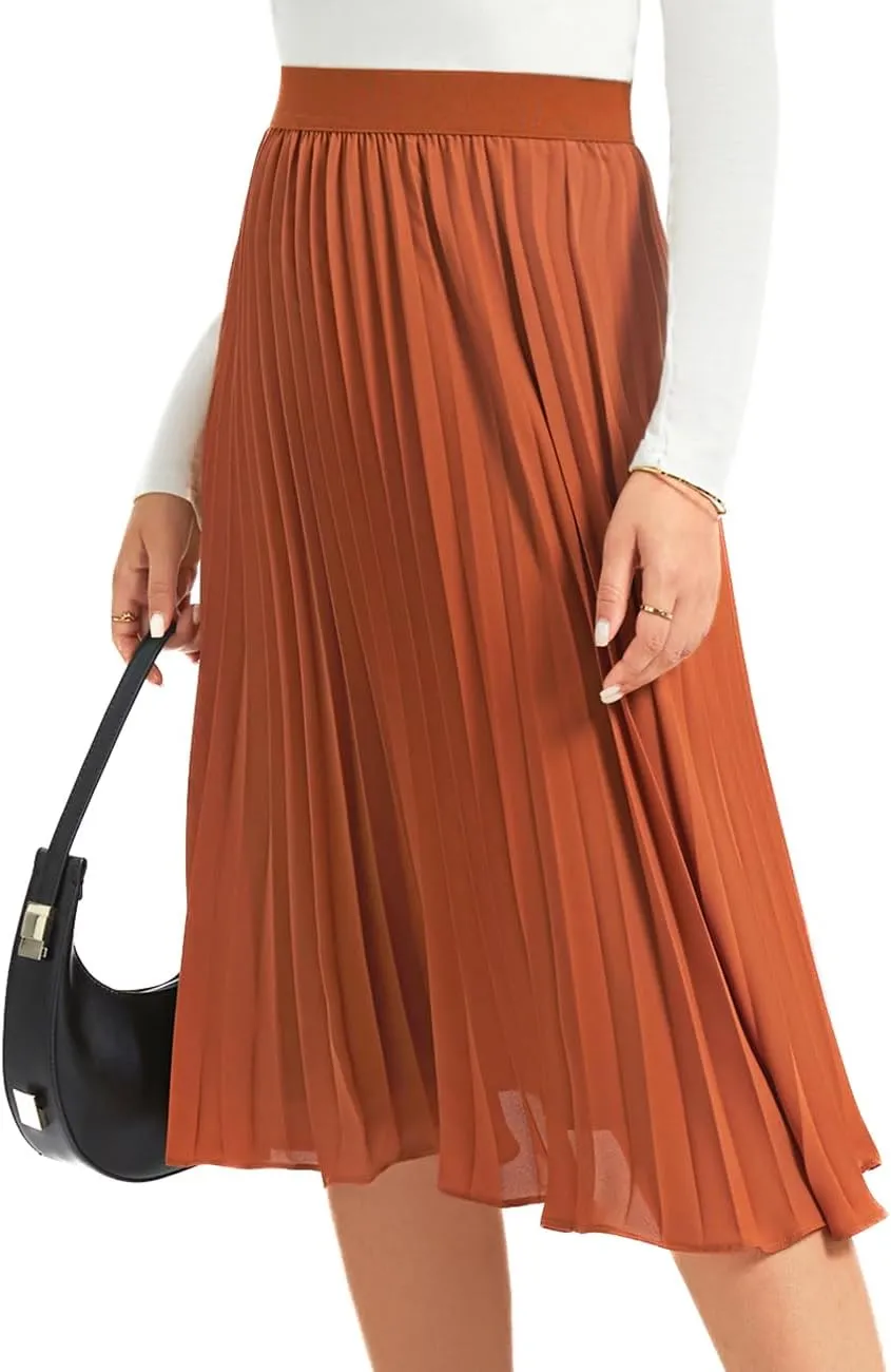 Women's Midi Skirt Elastic High Waist Pleated Skirt Knee Length Swing A-Line Casual Flowy Skirts 2025