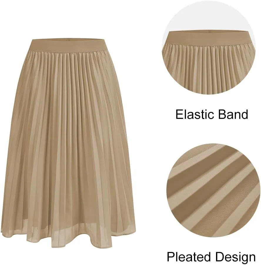 Women's Midi Skirt Elastic High Waist Pleated Skirt Knee Length Swing A-Line Casual Flowy Skirts 2025