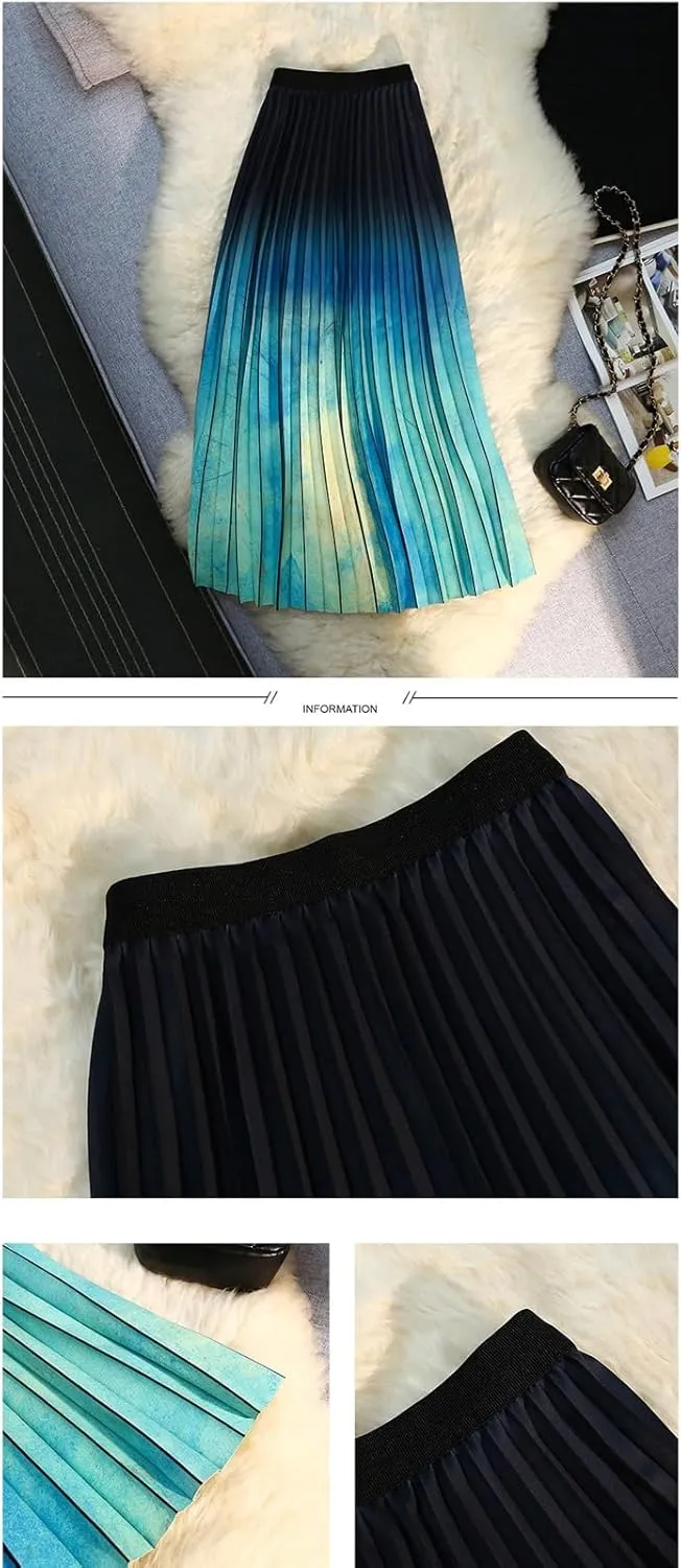 Women's Organ Pleated Long Skirt Bohemian Long Skirt Elastic Waist A-line Pleated Ruffled midi Skirt