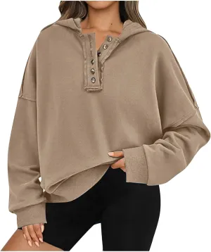 Womens Oversized Hoodies Trendy Loose Button v Neck Hooded Pullover Sweatshirt Fall Outfits 2024 Preppy Clothes